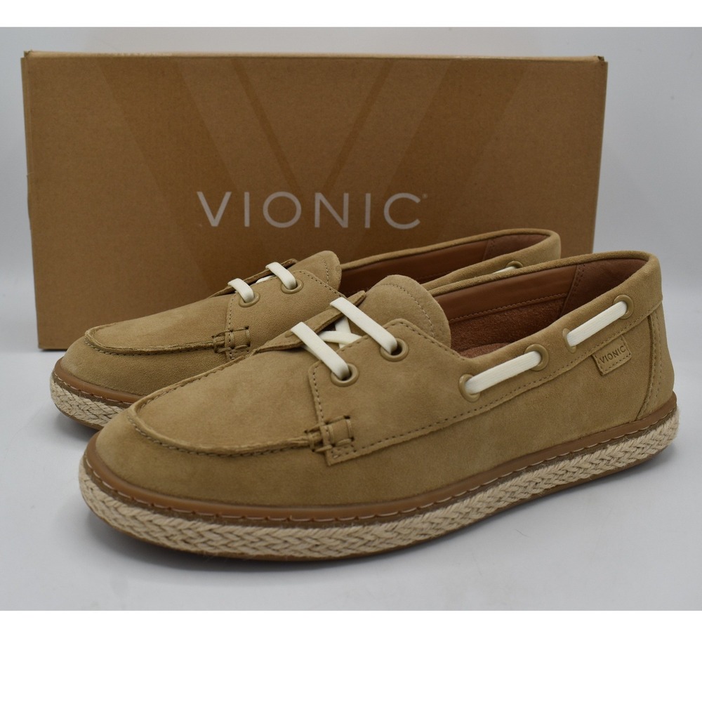 Vionic Women 7 Bay Sand Brown Leather Espadrille Boat Shoes Preppy Y2K Beachy